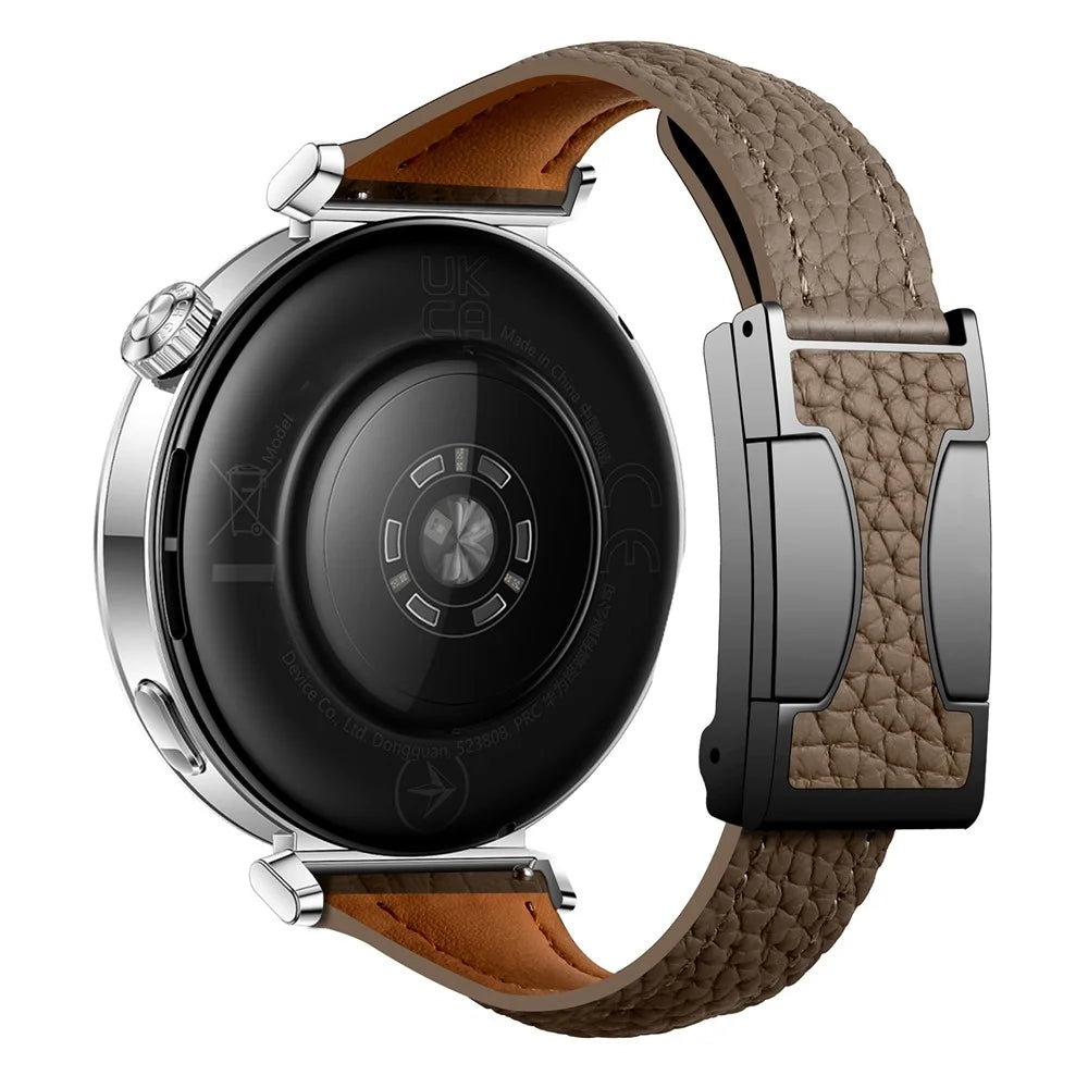 18mm Genuine Cow Leather Strap for Garmin Venu 3S  /  Forerunner 265S  /  Forerunner 255S Litchi Texture Magnetic Buckle Watch Band - Tan - 1