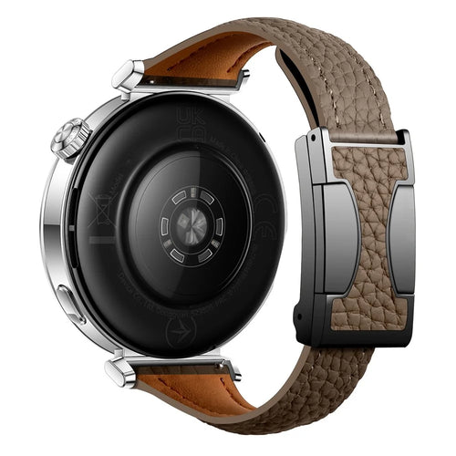 18mm Genuine Cow Leather Strap for Garmin Venu 3S  /  Forerunner 265S  /  Forerunner 255S Litchi Texture Magnetic Buckle Watch Band - Tan - 1