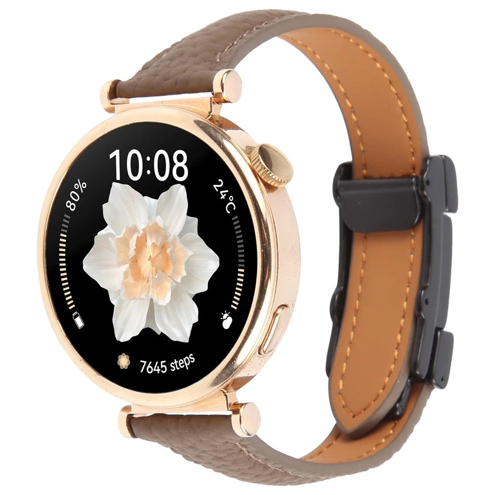 18mm Genuine Cow Leather Strap for Garmin Venu 3S  /  Forerunner 265S  /  Forerunner 255S Litchi Texture Magnetic Buckle Watch Band - Tan - 4