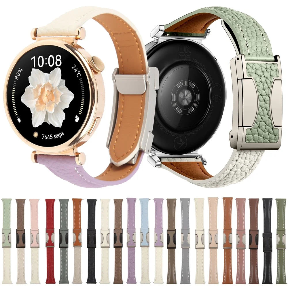 18mm Genuine Cow Leather Strap for Garmin Venu 3S  /  Forerunner 265S  /  Forerunner 255S Litchi Texture Magnetic Buckle Watch Band - Tan - 5