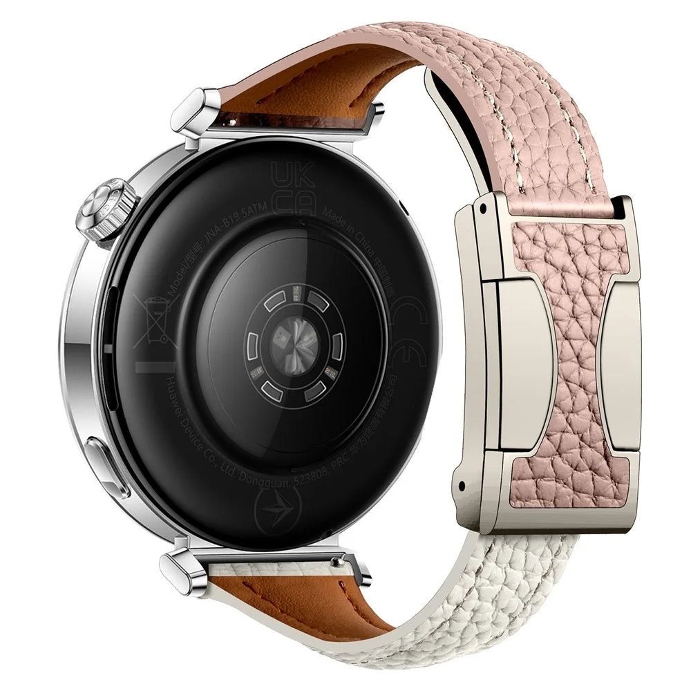 20mm Genuine Cow Leather Strap for Samsung Galaxy Watch7 44mm / 40mm / Huawei Watch GT 3 42mm Litchi Texture Magnetic Watch Band - Pink+Beige - 1