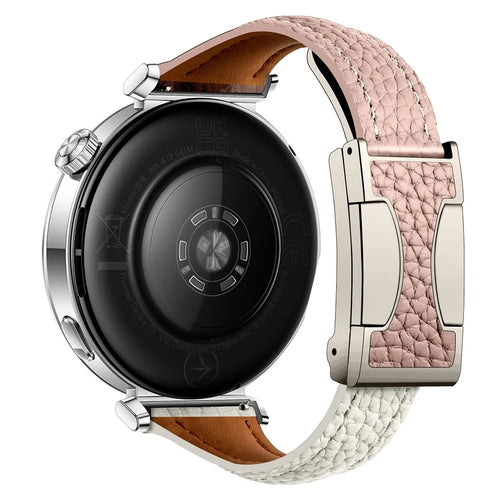 20mm Genuine Cow Leather Strap for Samsung Galaxy Watch7 44mm / 40mm / Huawei Watch GT 3 42mm Litchi Texture Magnetic Watch Band - Pink+Beige - 1