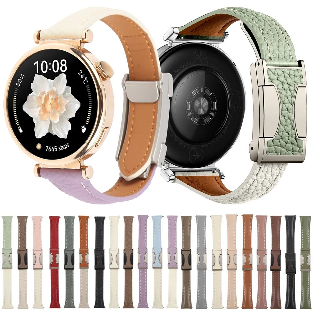20mm Genuine Cow Leather Strap for Samsung Galaxy Watch7 44mm / 40mm / Huawei Watch GT 3 42mm Litchi Texture Magnetic Watch Band - Pink+Beige - 5