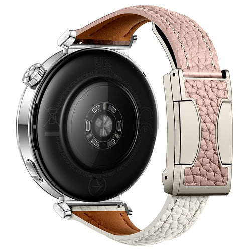 22mm Genuine Cow Leather Strap for Huawei Watch GT 5 Pro 46mm / GT 5 46mm / GT 4 46mm Litchi Texture Magnetic Buckle Watch Band - Pink+Beige - 1
