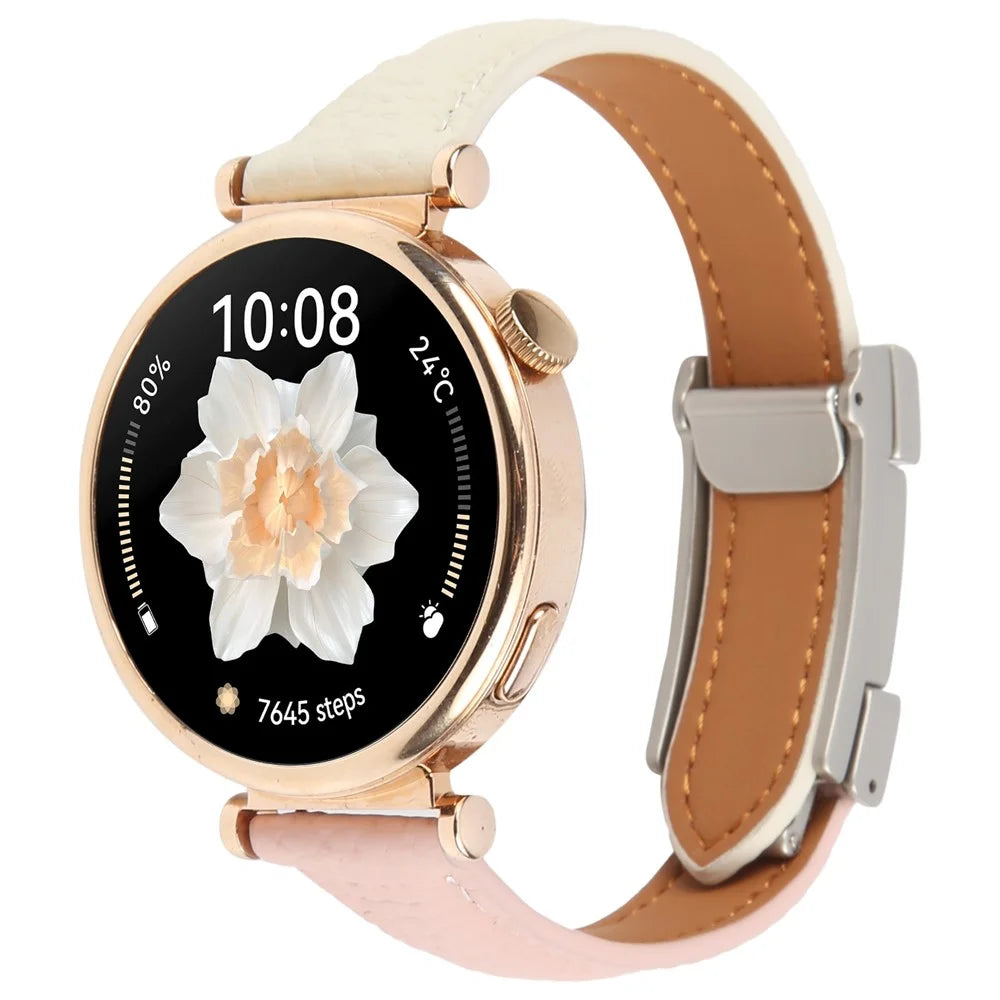22mm Genuine Cow Leather Strap for Huawei Watch GT 5 Pro 46mm / GT 5 46mm / GT 4 46mm Litchi Texture Magnetic Buckle Watch Band - Pink+Beige - 4