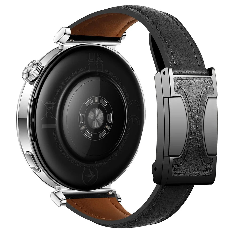 18mm Genuine Cow Leather Strap for Garmin Venu 3S / Forerunner 265S / Forerunner 255S Flat Texture Magnetic Buckle Watch Band - Black - 1
