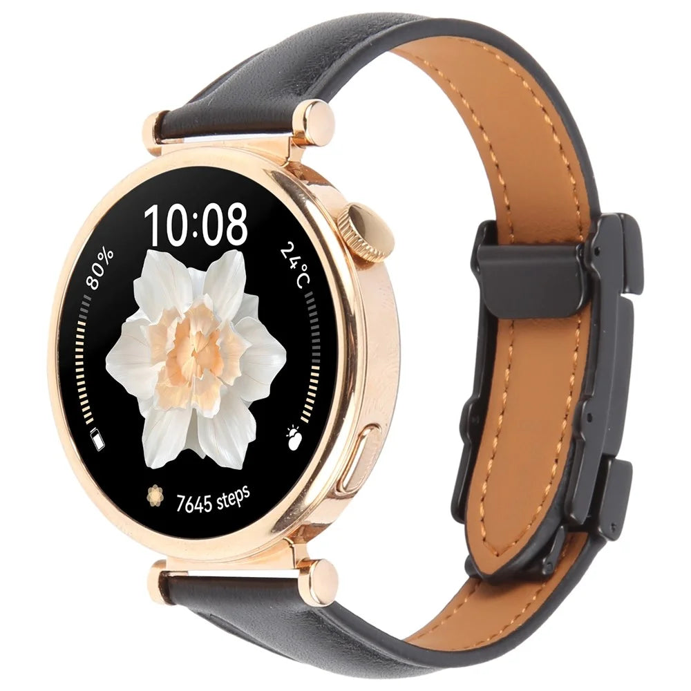 22mm Genuine Cow Leather Strap for Huawei Watch GT 5 Pro 46mm / GT 5 46mm / GT 4 46mm Flat Texture Magnetic Buckle Watch Band - Black - 4