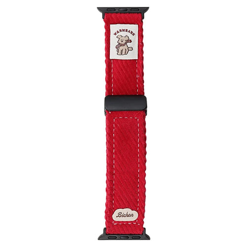 Corduroy Watch Band For Apple Watch Series 11 10 42mm / 9 8 7 41mm / SE3 SE2 SE 6 5 4 40mm / 3 2 1 38mm Magnetic Clasp Wrist Strap - Red - 1
