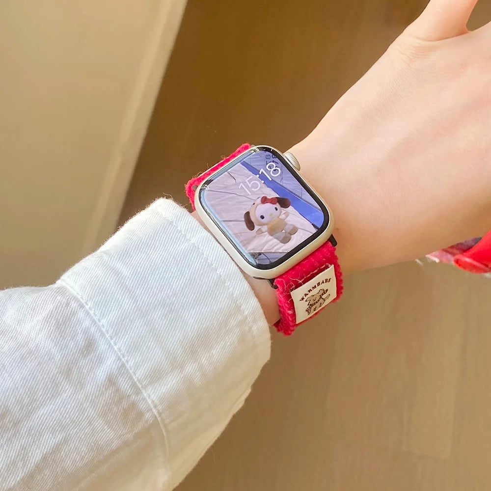 Corduroy Watch Band For Apple Watch Ultra 3 2 1 49mm / Series 11 10 46mm / 9 8 7 45mm / SE3 SE2 SE 6 5 4 44mm / 3 2 1 42mm Magnetic Clasp Wrist Strap - Red - 2
