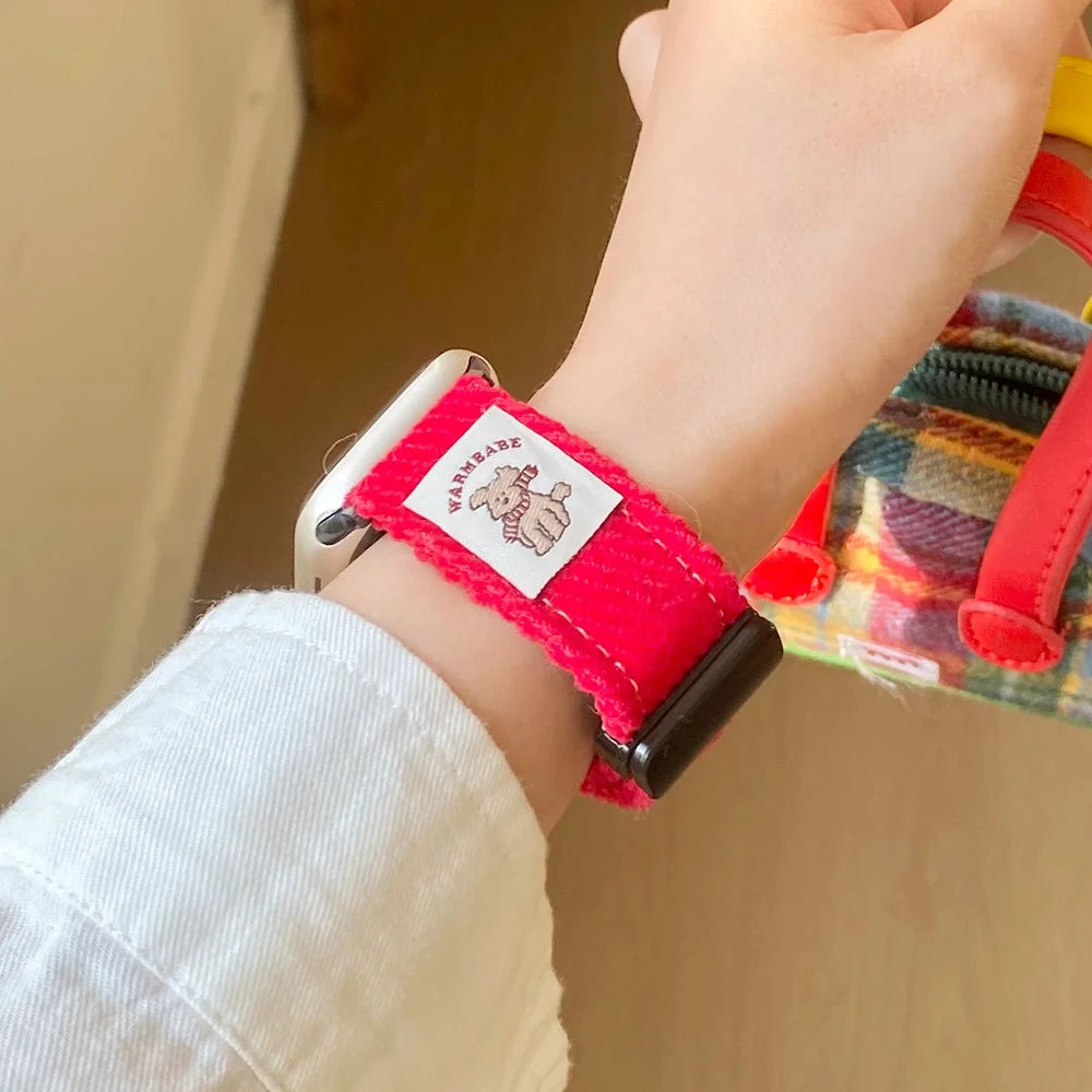 Corduroy Watch Band For Apple Watch Ultra 3 2 1 49mm / Series 11 10 46mm / 9 8 7 45mm / SE3 SE2 SE 6 5 4 44mm / 3 2 1 42mm Magnetic Clasp Wrist Strap - Red - 3
