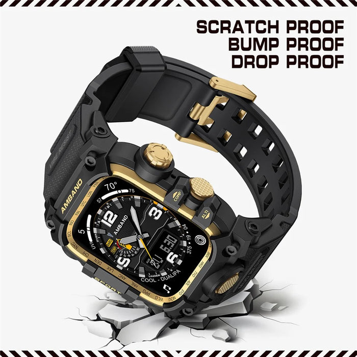 AMBAND Watch Band for Apple Watch SE (2023) / SE (2022) / SE / Series 6 / 5 / 4 44mm Bump Proof TPU Strap with Integrated Watch Case - Black  /  Gold - 4