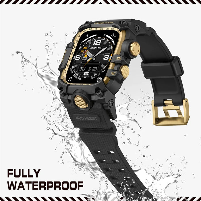 AMBAND Watch Band for Apple Watch SE (2023) / SE (2022) / SE / Series 6 / 5 / 4 44mm Bump Proof TPU Strap with Integrated Watch Case - Black  /  Gold - 5