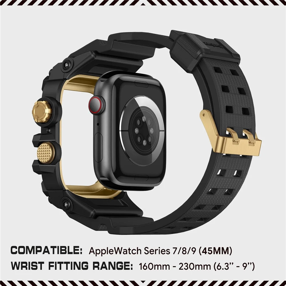 AMBAND Watch Band for Apple Watch Series 9 / 8 / 7 45mm Bump Proof TPU Strap with Integrated Watch Case - Black  /  Gold - 6
