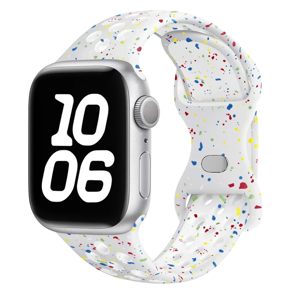 KALEBOL Color Dots Silicone Strap for Apple Watch Series 11 10 42mm / 9 8 7 41mm / SE3 SE2 SE 6 5 4 40mm / 3 2 1 38mm Butterfly Buckle Band - White - 2