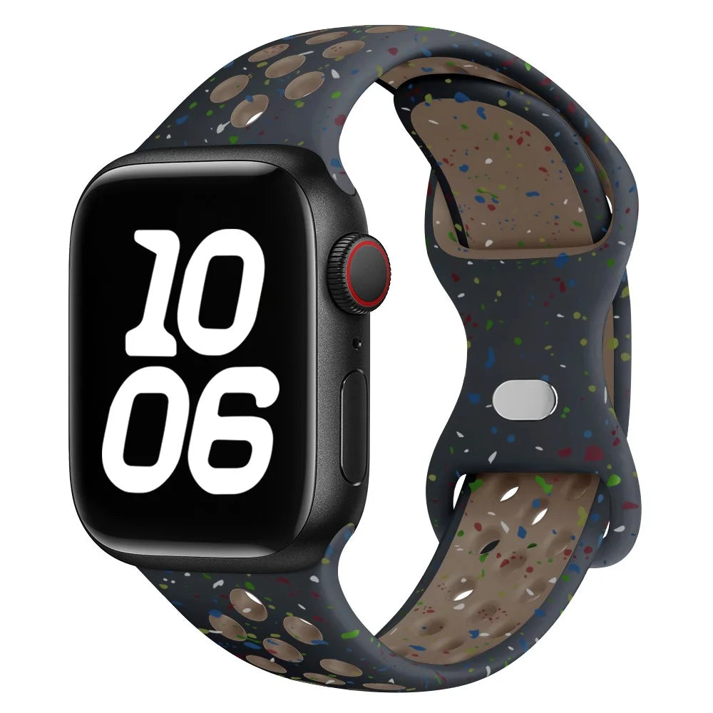 KALEBOL Color Dots Silicone Strap for Apple Watch Ultra 3 2 1 49mm / Series 11 10 46mm / 9 8 7 45mm / SE3 SE2 SE 6 5 4 44mm / 3 2 1 42mm Butterfly Buckle Band - Black - 2