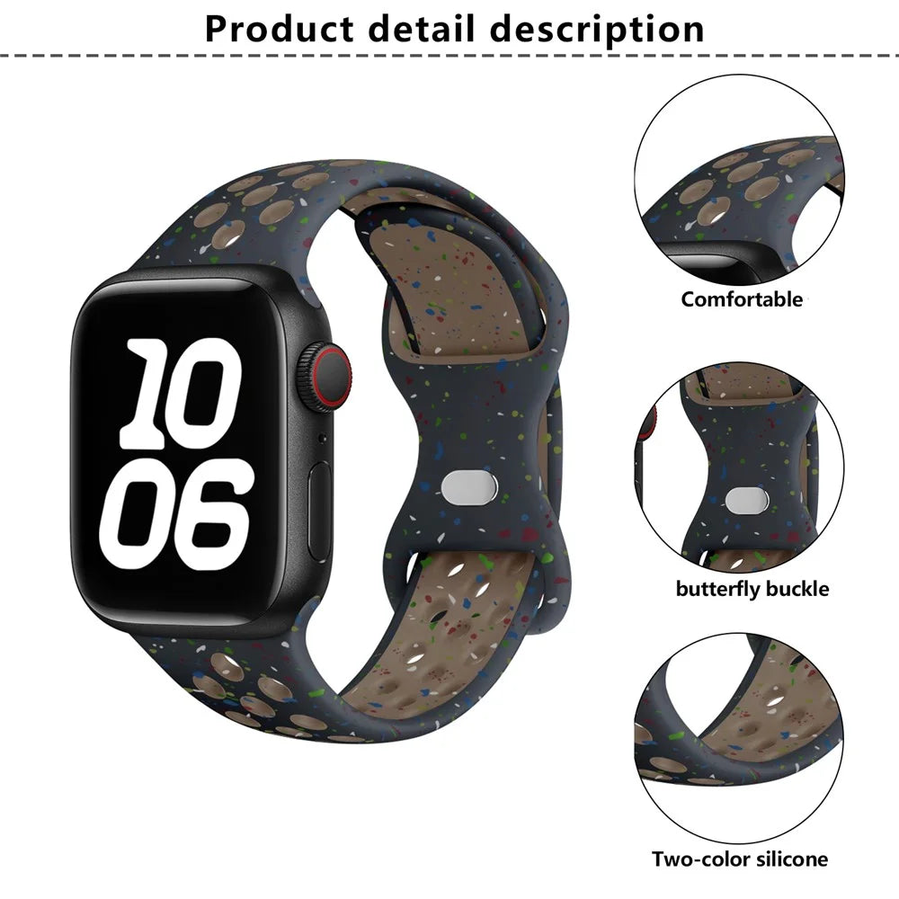 KALEBOL Color Dots Silicone Strap for Apple Watch Ultra 3 2 1 49mm / Series 11 10 46mm / 9 8 7 45mm / SE3 SE2 SE 6 5 4 44mm / 3 2 1 42mm Butterfly Buckle Band - Black - 3