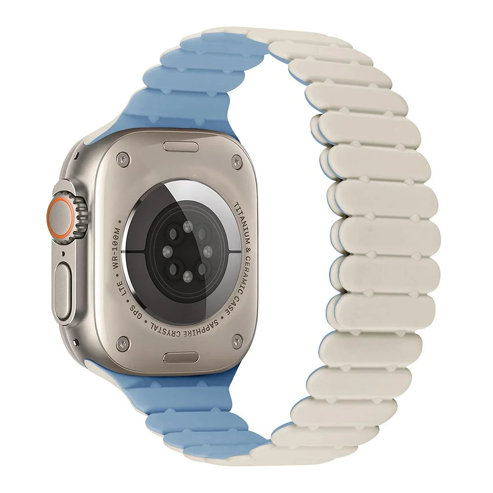 KALEBOL Magnetic Silicone Band for Apple Watch Ultra 3 2 1 49mm / Series 11 10 46mm / 9 8 7 45mm / SE3 SE2 SE 6 5 4 44mm / 3 2 1 42mm Bamboo Joint Strap - White + Misty Blue - 1