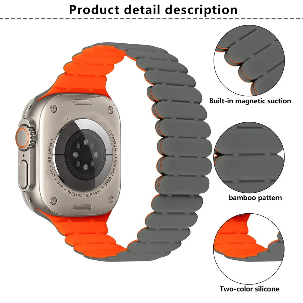 KALEBOL Magnetic Silicone Band for Apple Watch Ultra 3 2 1 49mm / Series 11 10 46mm / 9 8 7 45mm / SE3 SE2 SE 6 5 4 44mm / 3 2 1 42mm Bamboo Joint Strap - White + Misty Blue - 2