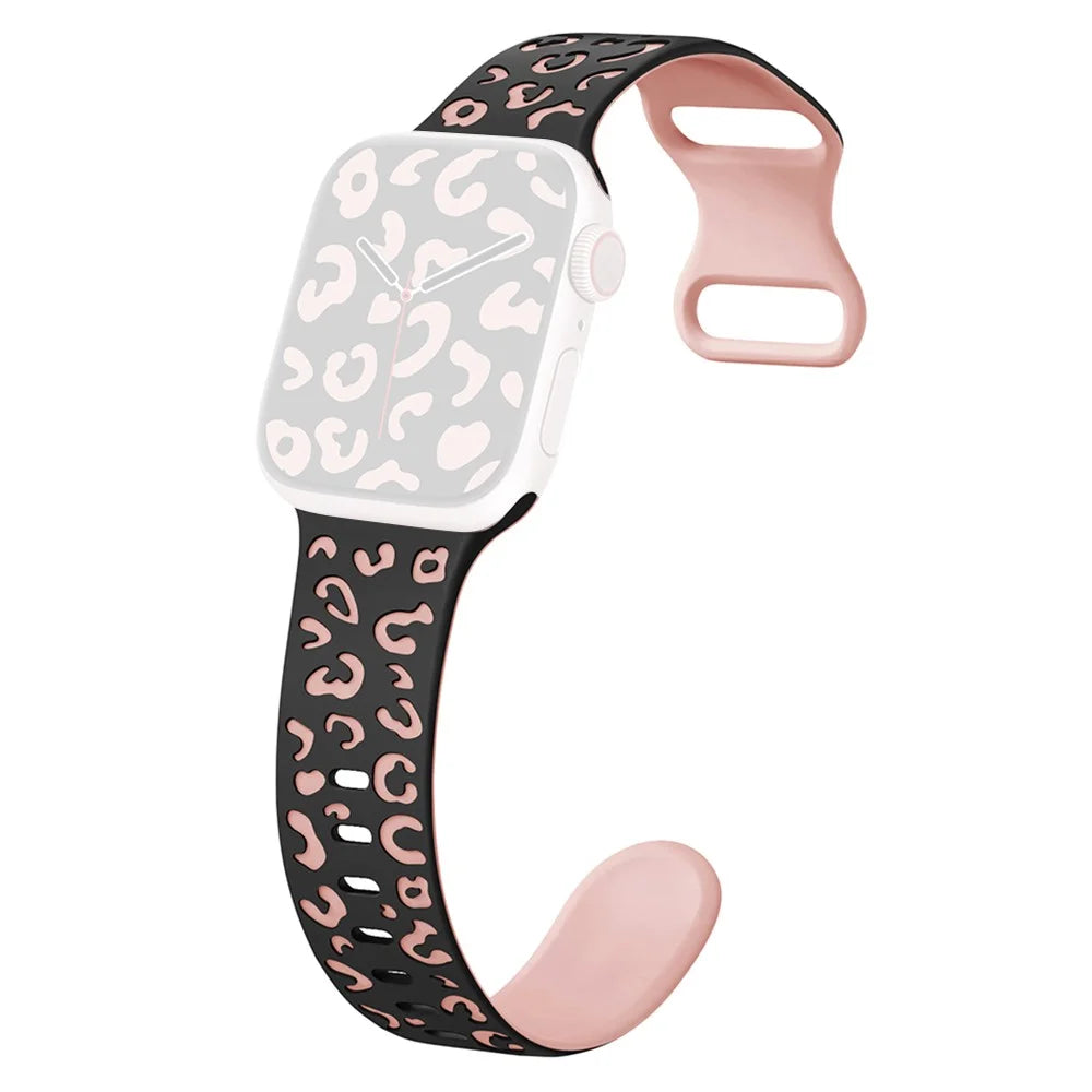 KALEBOL Leopard Silicone Band for Apple Watch Series 11 10 42mm / 9 87 41mm / SE3 SE2 SE 6 5 4 40mm / 3 2 1 38mm Dual Color Strap - Black + Pink - 1