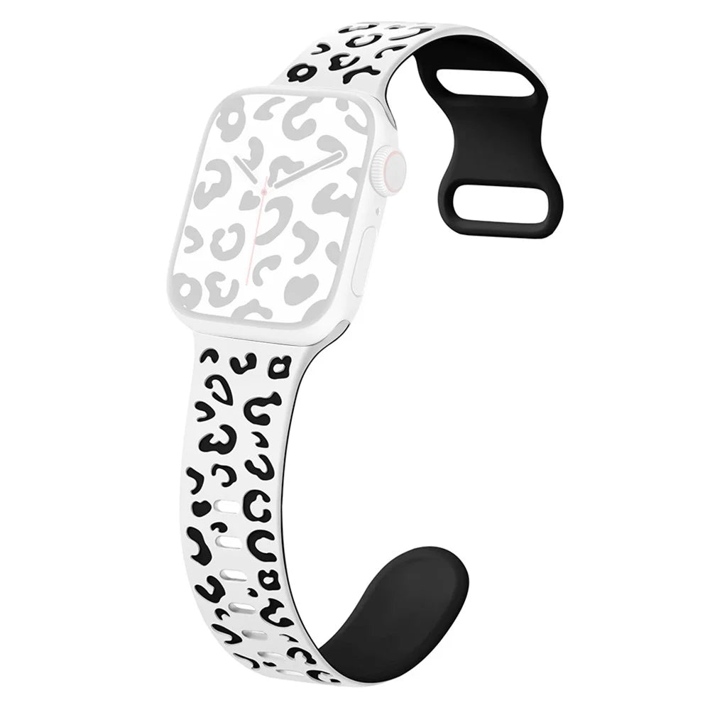 KALEBOL Leopard Silicone Band for Apple Watch Ultra 3 2 1 49mm / Series 11 10 46mm / 9 8 7 45mm / SE3 SE2 SE 6 5 4 44mm / 3 2 1 42mm Dual Color Strap - White + Black - 1