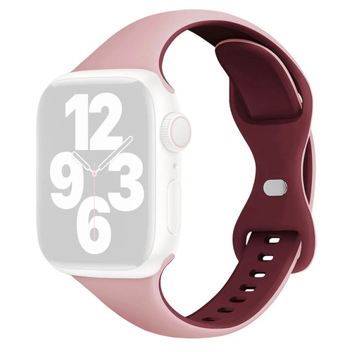 KALEBOL Silicone Strap for Apple Watch Series 11 10 42mm / 9 87 41mm / SE3 SE2 SE 6 5 4 40mm / 3 2 1 38mm Butterfly Buckle Watch Band - Pink + Wine Red - 1
