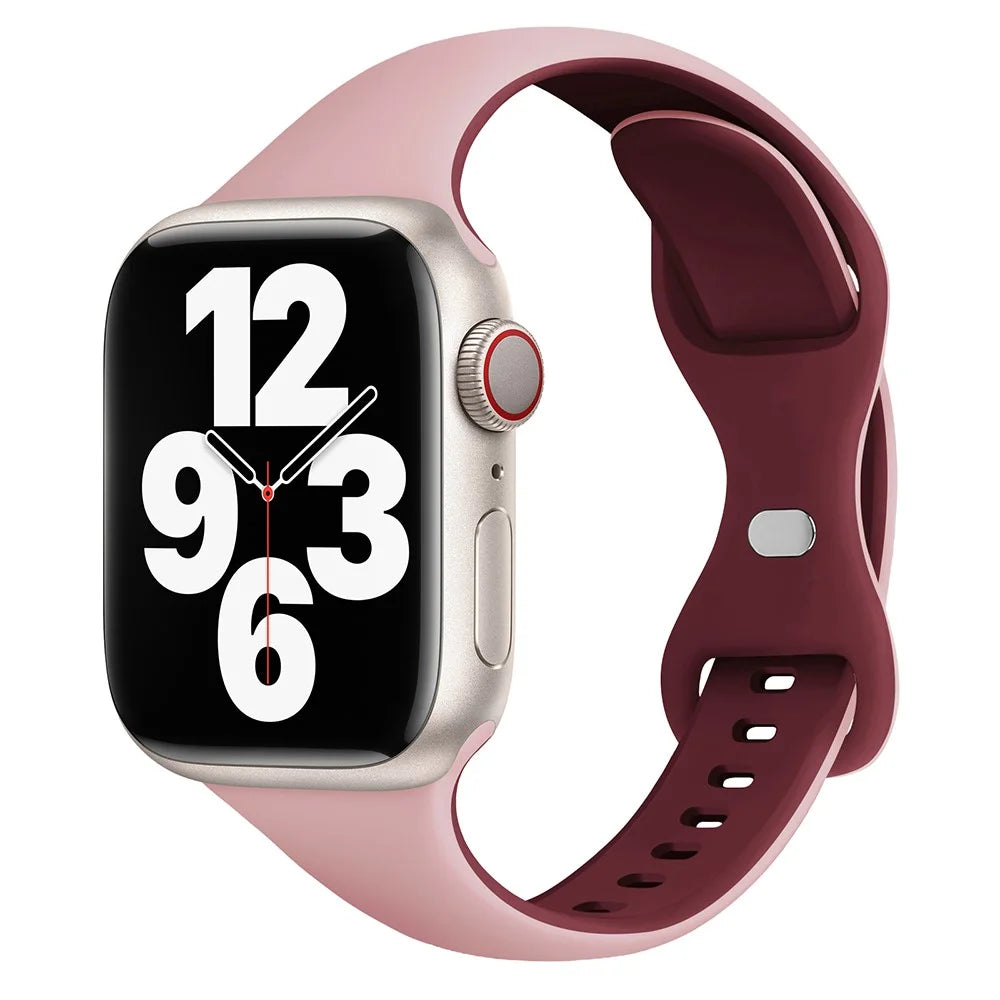 KALEBOL Silicone Strap for Apple Watch Series 11 10 42mm / 9 87 41mm / SE3 SE2 SE 6 5 4 40mm / 3 2 1 38mm Butterfly Buckle Watch Band - Pink + Wine Red - 2