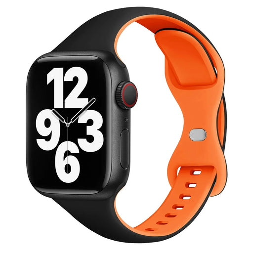 KALEBOL Silicone Strap for Apple Watch Ultra 3 2 1 49mm / Series 11 10 46mm / 9 8 7 45mm / SE3 SE2 SE 6 5 4 44mm / 3 2 1 42mm Butterfly Buckle Band - Black + Orange - 2