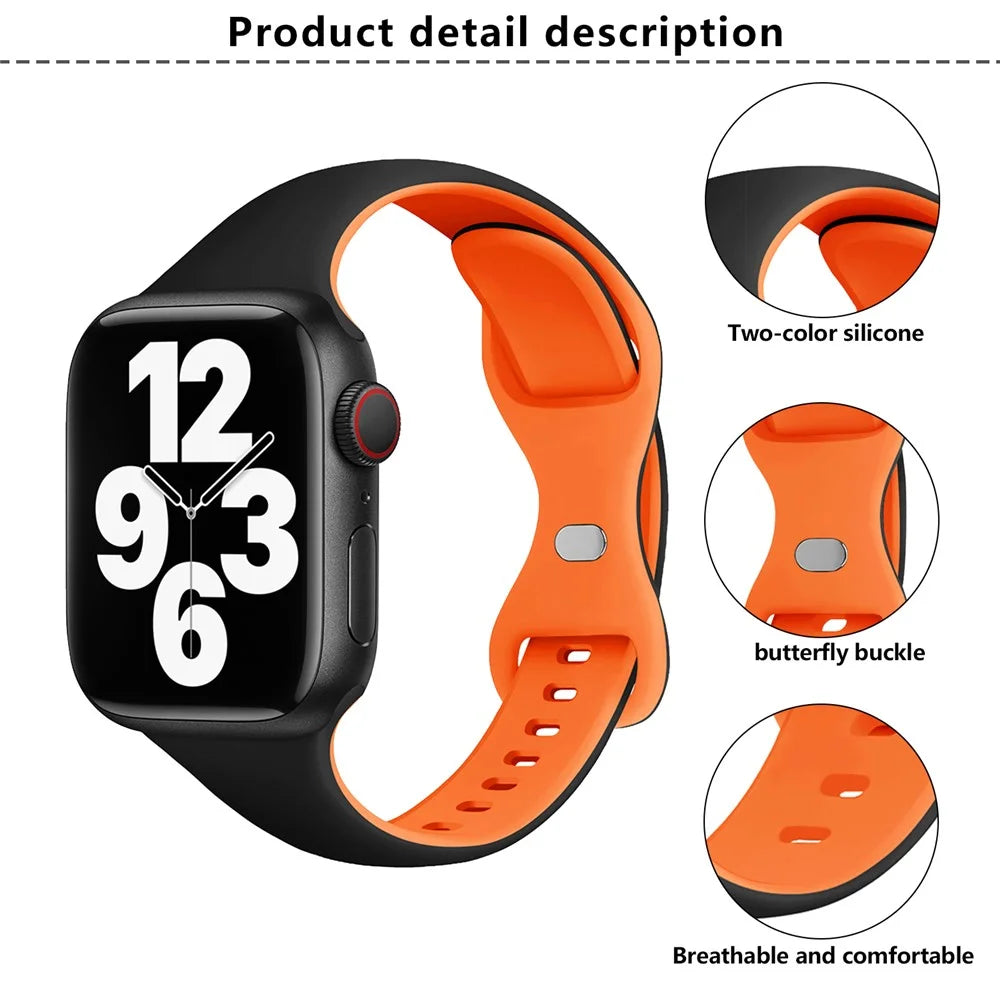 KALEBOL Silicone Strap for Apple Watch Ultra 3 2 1 49mm / Series 11 10 46mm / 9 8 7 45mm / SE3 SE2 SE 6 5 4 44mm / 3 2 1 42mm Butterfly Buckle Band - Black + Orange - 3