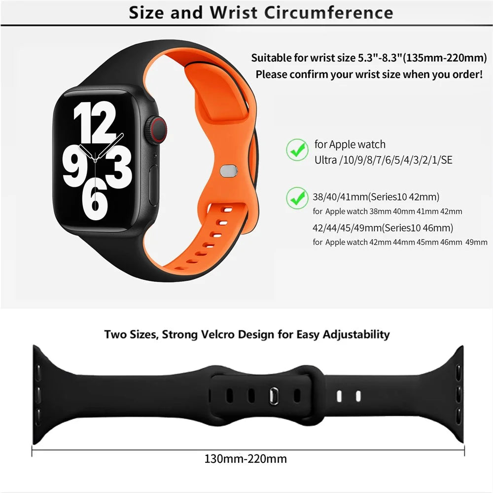 KALEBOL Silicone Strap for Apple Watch Ultra 3 2 1 49mm / Series 11 10 46mm / 9 8 7 45mm / SE3 SE2 SE 6 5 4 44mm / 3 2 1 42mm Butterfly Buckle Band - Black + Orange - 4
