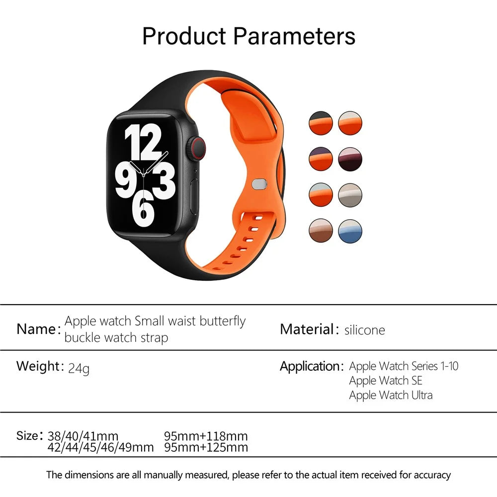 KALEBOL Silicone Strap for Apple Watch Ultra 3 2 1 49mm / Series 11 10 46mm / 9 8 7 45mm / SE3 SE2 SE 6 5 4 44mm / 3 2 1 42mm Butterfly Buckle Band - Black + Orange - 5