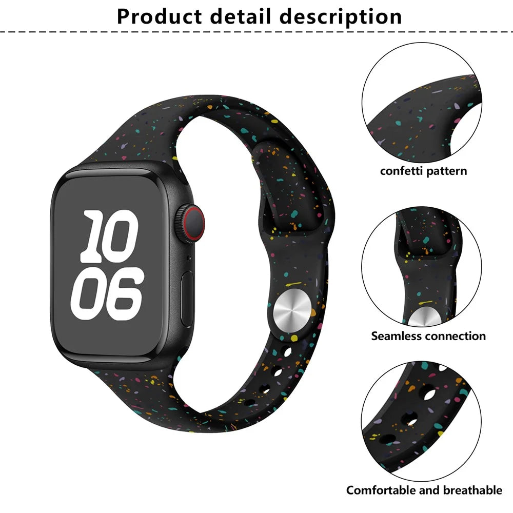 KALEBOL Silicone Watch Strap for Apple Watch Series 11 10 42mm / 9 87 41mm / SE3 SE2 SE 6 5 4 40mm / 3 2 1 38mm Colorful Flakes Band - Hot Pink - 4