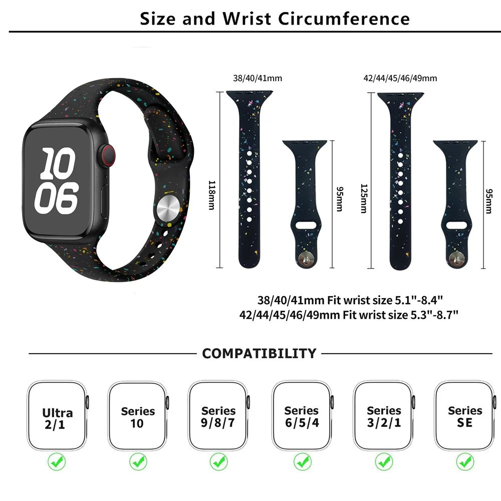 KALEBOL Silicone Watch Strap for Apple Watch Series 11 10 42mm / 9 87 41mm / SE3 SE2 SE 6 5 4 40mm / 3 2 1 38mm Colorful Flakes Band - Hot Pink - 5