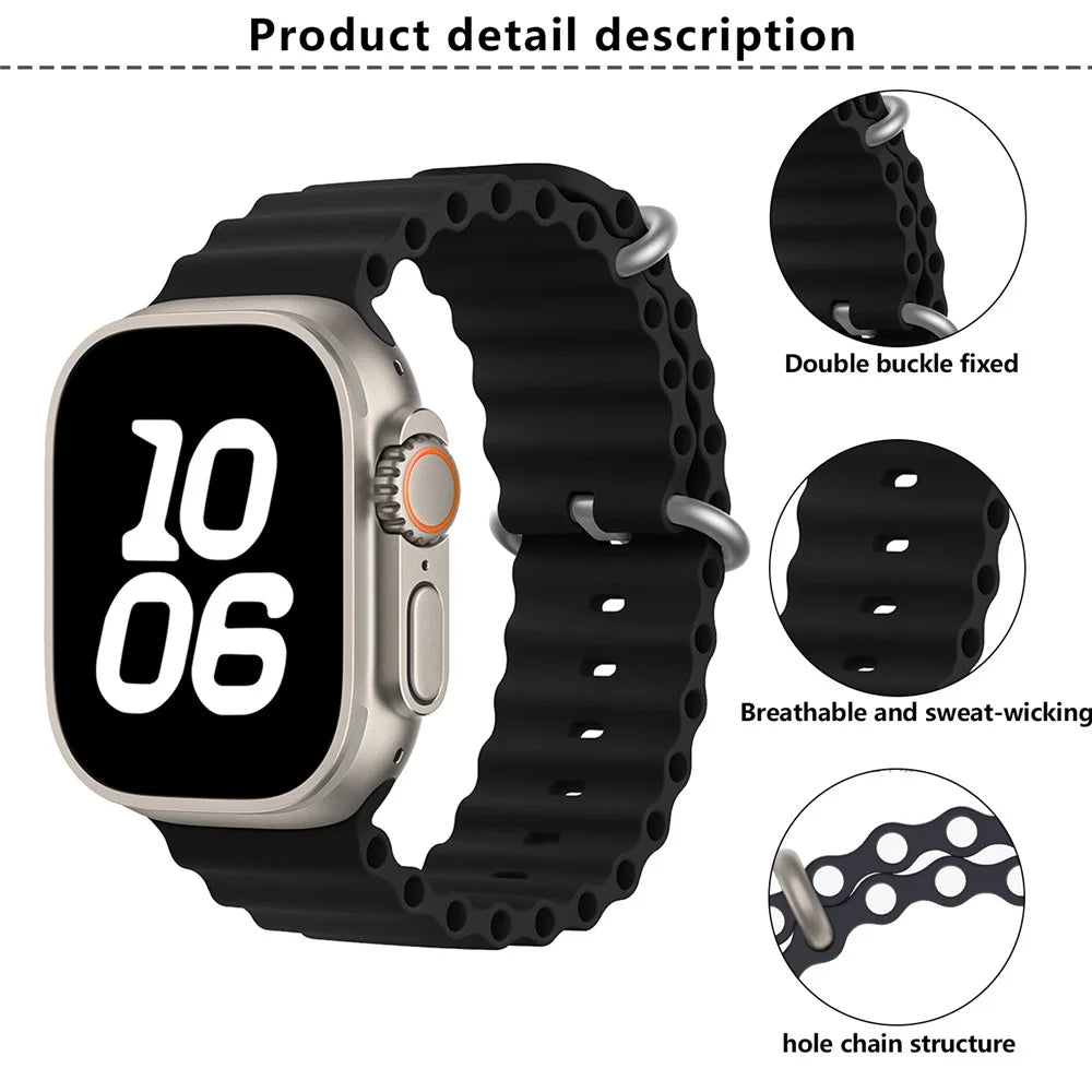 KALEBOL Ocean Silicone Band For Apple Watch Series 11 10 42mm / 9 87 41mm / SE3 SE2 SE 6 5 4 40mm / 3 2 1 38mm Breathable Soft Watch Strap - Black - 4