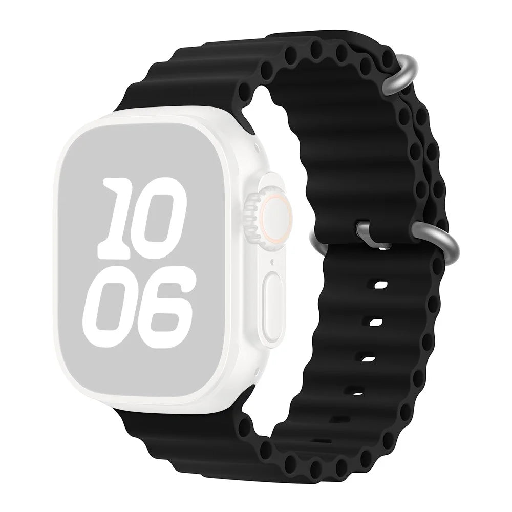 KALEBOL Ocean Silicone Band For Apple Watch Ultra 3 2 1 49mm / Series 11 10 46mm / 9 8 7 45mm / SE3 SE2 SE 6 5 4 44mm / 3 2 1 42mm Breathable Soft Watch Strap - Black - 1