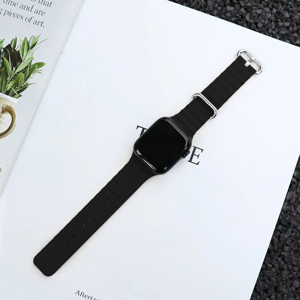KALEBOL Ocean Silicone Band For Apple Watch Ultra 3 2 1 49mm / Series 11 10 46mm / 9 8 7 45mm / SE3 SE2 SE 6 5 4 44mm / 3 2 1 42mm Breathable Soft Watch Strap - Black - 3