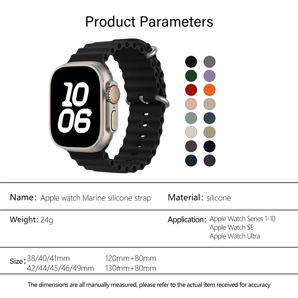 KALEBOL Ocean Silicone Band For Apple Watch Ultra 3 2 1 49mm / Series 11 10 46mm / 9 8 7 45mm / SE3 SE2 SE 6 5 4 44mm / 3 2 1 42mm Breathable Soft Watch Strap - Black - 5