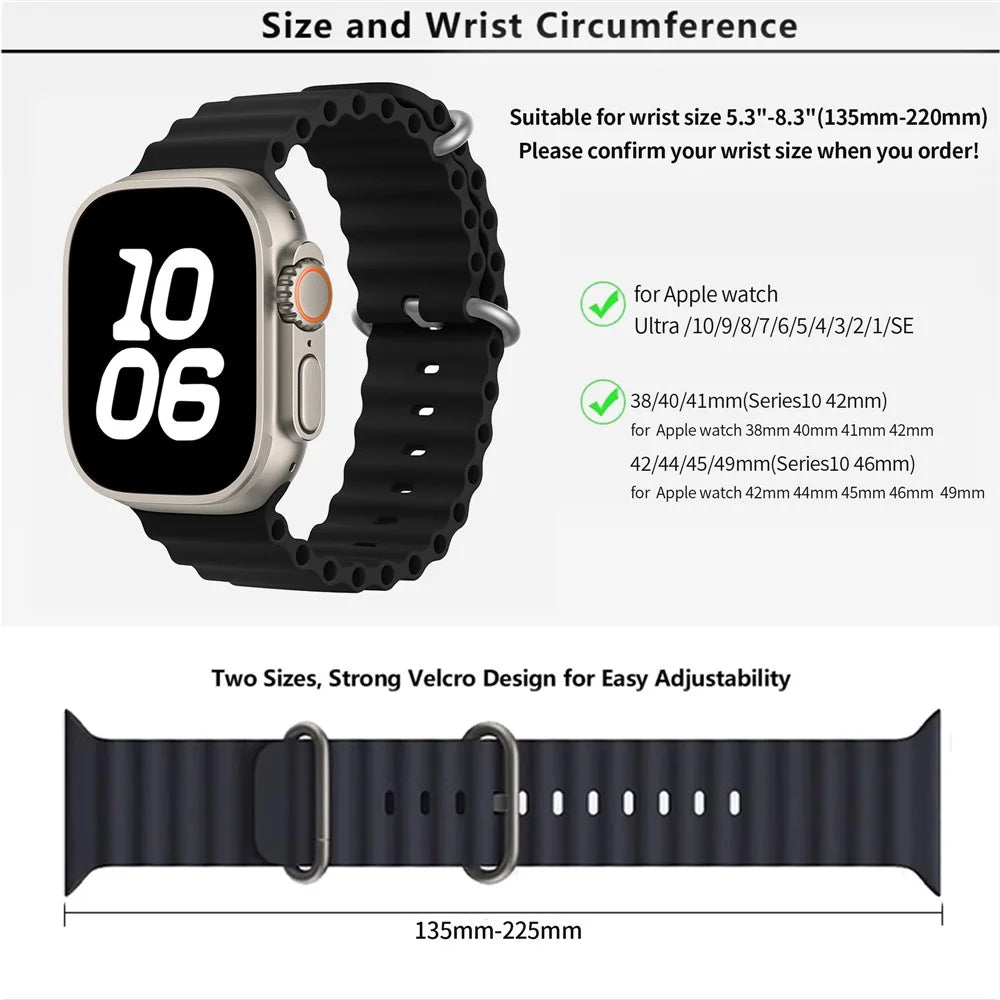 KALEBOL Ocean Silicone Band For Apple Watch Ultra 3 2 1 49mm / Series 11 10 46mm / 9 8 7 45mm / SE3 SE2 SE 6 5 4 44mm / 3 2 1 42mm Breathable Soft Watch Strap - Black - 6