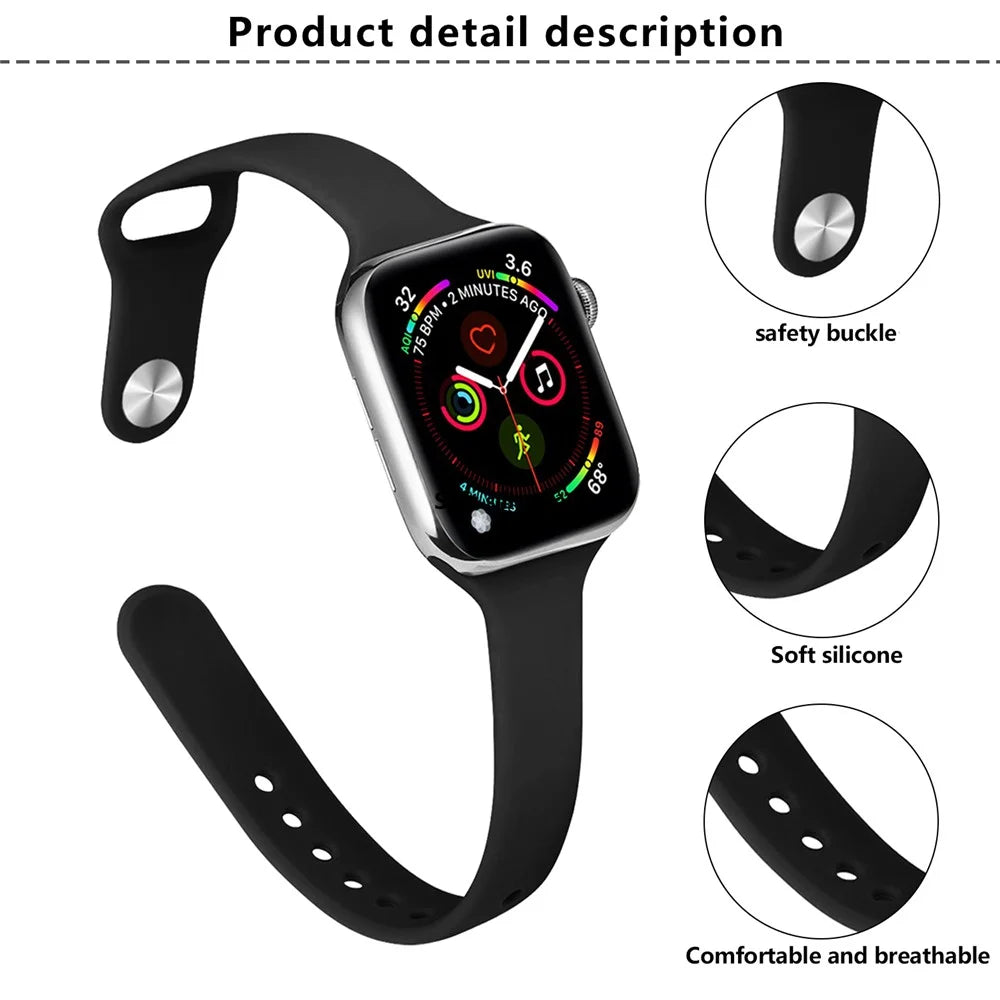 KALEBOL Silicone Watch Band for Apple Watch Ultra 3 2 1 49mm / Series 11 10 46mm / 9 8 7 45mm / SE3 SE2 SE 6 5 4 44mm / 3 2 1 42mm Replacement Strap - Black - 3