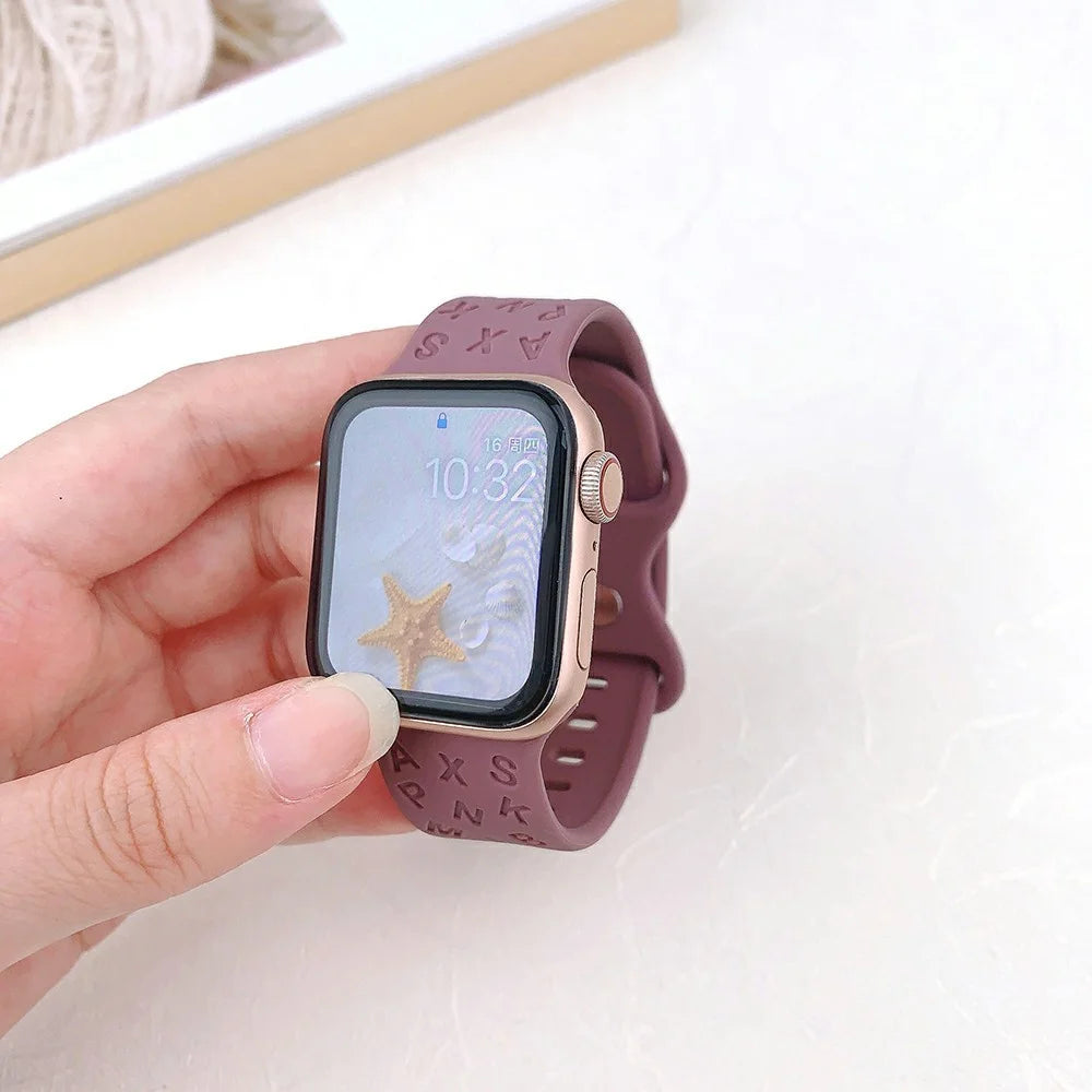 KALEBOL Silicone Band for Apple Watch Series 11 10 42mm / 9 8 7 41mm / SE3 SE2 SE 6 5 4 40mm / 3 2 1 38mm Alphabet Pattern Watch Strap - Smoky Purple - 3