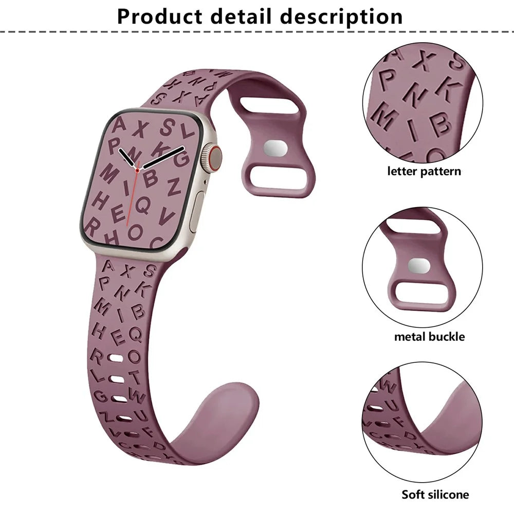 KALEBOL Silicone Band for Apple Watch Ultra 3 2 1 49mm / Series 11 10 46mm / 9 8 7 45mm / SE3 SE2 SE 6 5 4 44mm / 3 2 1 42mm Alphabet Pattern Watch Strap - Smoky Purple - 4