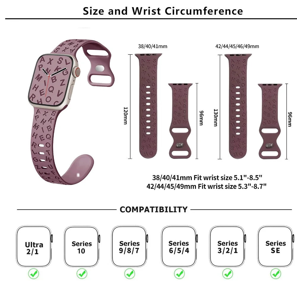 KALEBOL Silicone Band for Apple Watch Ultra 3 2 1 49mm / Series 11 10 46mm / 9 8 7 45mm / SE3 SE2 SE 6 5 4 44mm / 3 2 1 42mm Alphabet Pattern Watch Strap - Smoky Purple - 5