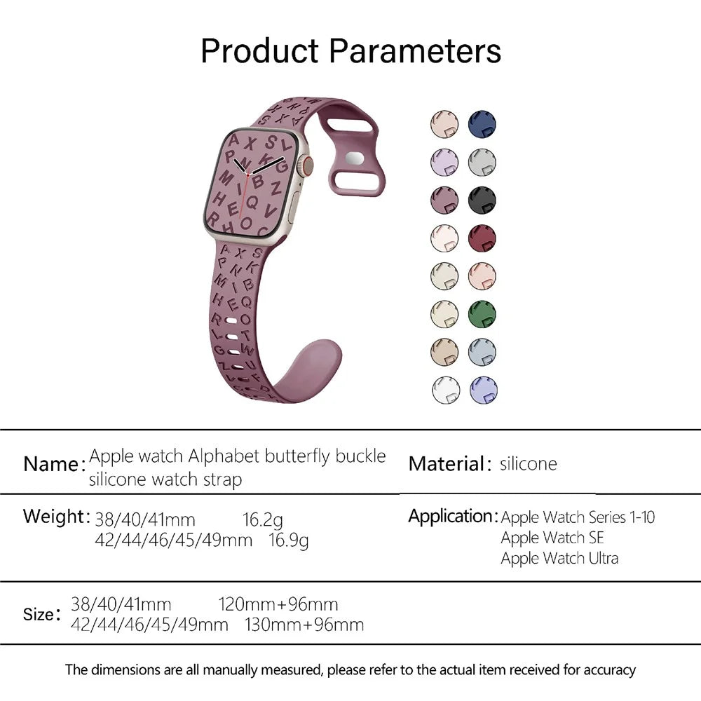 KALEBOL Silicone Band for Apple Watch Ultra 3 2 1 49mm / Series 11 10 46mm / 9 8 7 45mm / SE3 SE2 SE 6 5 4 44mm / 3 2 1 42mm Alphabet Pattern Watch Strap - Smoky Purple - 6