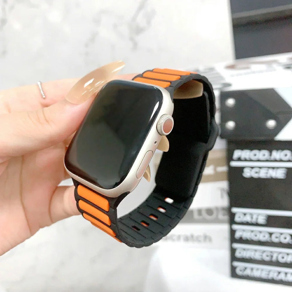 KALEBOL Silicone Watch Strap for Apple Watch Series 11 10 42mm / 9 87 41mm / SE3 SE2 SE 6 5 4 40mm / 3 2 1 38mm Dual Color Strap - Orange+Black - 2