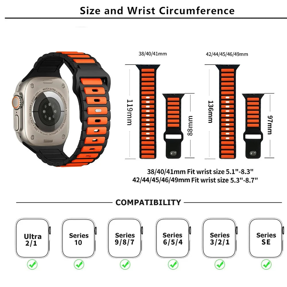 KALEBOL Silicone Watch Strap for Apple Watch Series 11 10 42mm / 9 87 41mm / SE3 SE2 SE 6 5 4 40mm / 3 2 1 38mm Dual Color Strap - Orange+Black - 4