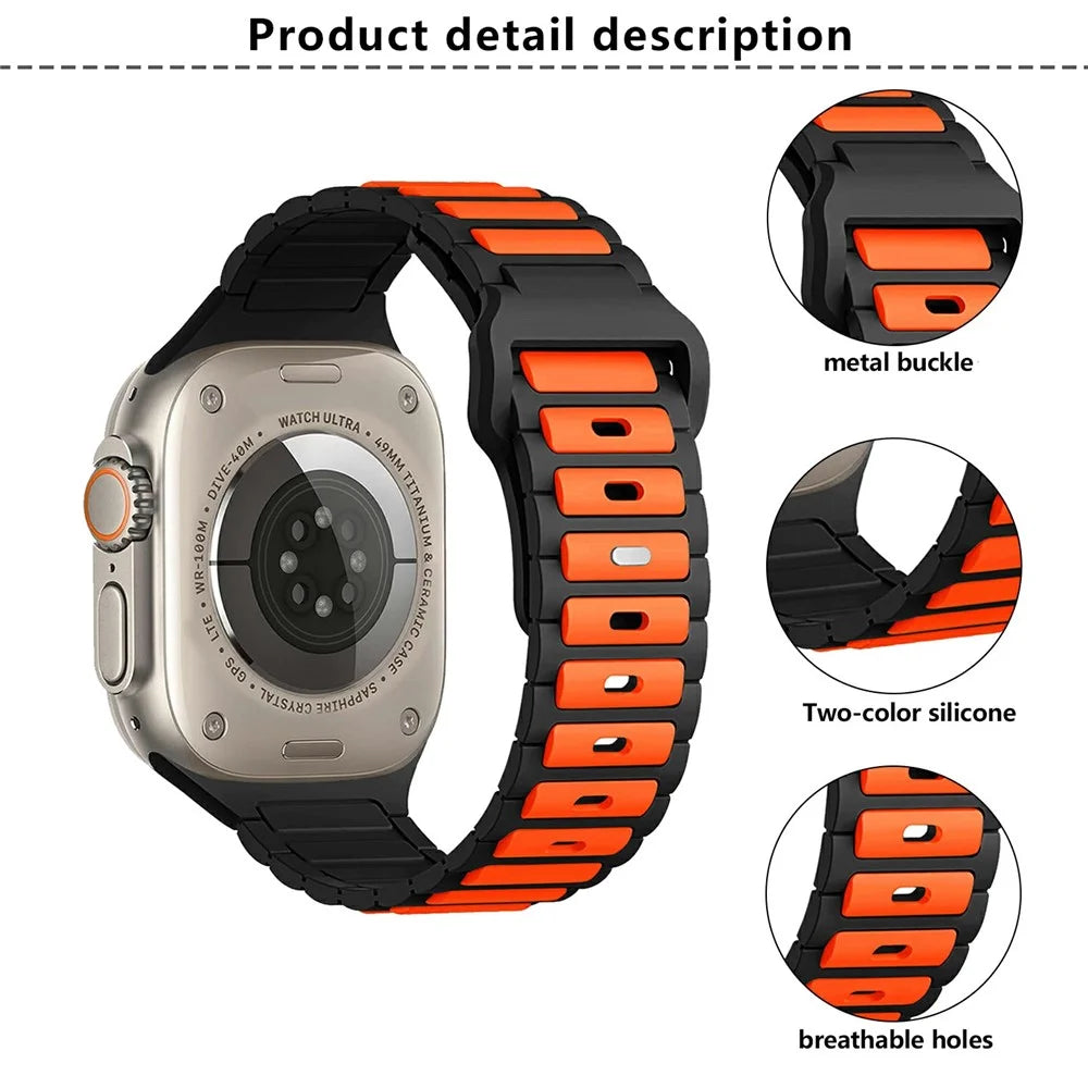 KALEBOL Silicone Watch Strap for Apple Watch Ultra 3 2 1 49mm / Series 11 10 46mm / 9 8 7 45mm / SE3 SE2 SE 6 5 4 44mm / 3 2 1 42mm - Orange + Black - 3