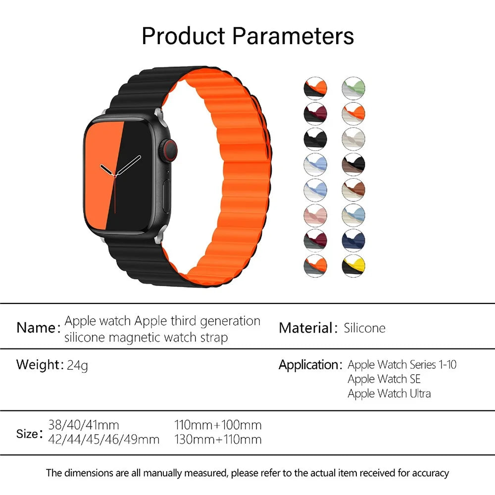 KALEBOL Magnetic Watch Band for Apple Watch Series 11 10 42mm / 9 8 7 41mm / SE3 SE2 SE 6 5 4 40mm / 3 2 1 38mm Silicone Adjustable Strap - Black Orange - 6