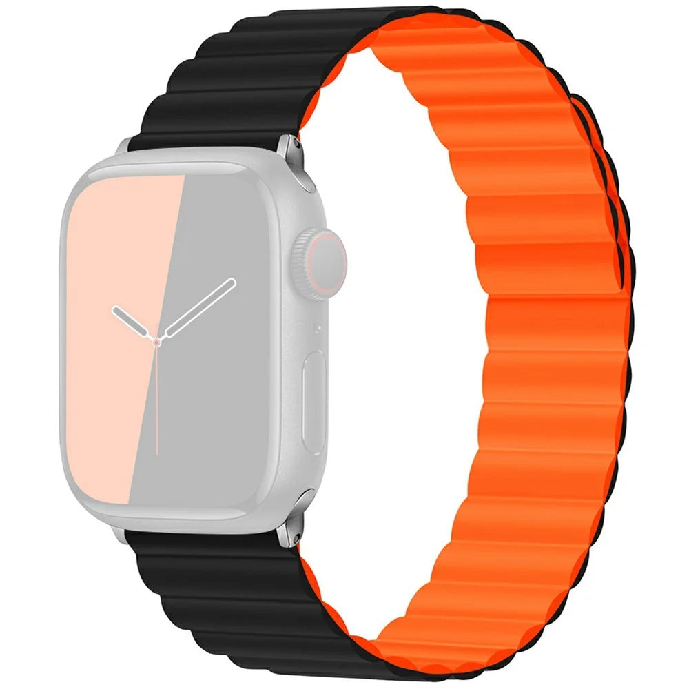 KALEBOL Magnetic Watch Band for Apple Watch Ultra 3 2 1 49mm / Series 11 10 46mm / 9 8 7 45mm / SE3 SE2 SE 6 5 4 44mm / 3 2 1 42mm Silicone Strap - Black Orange - 1