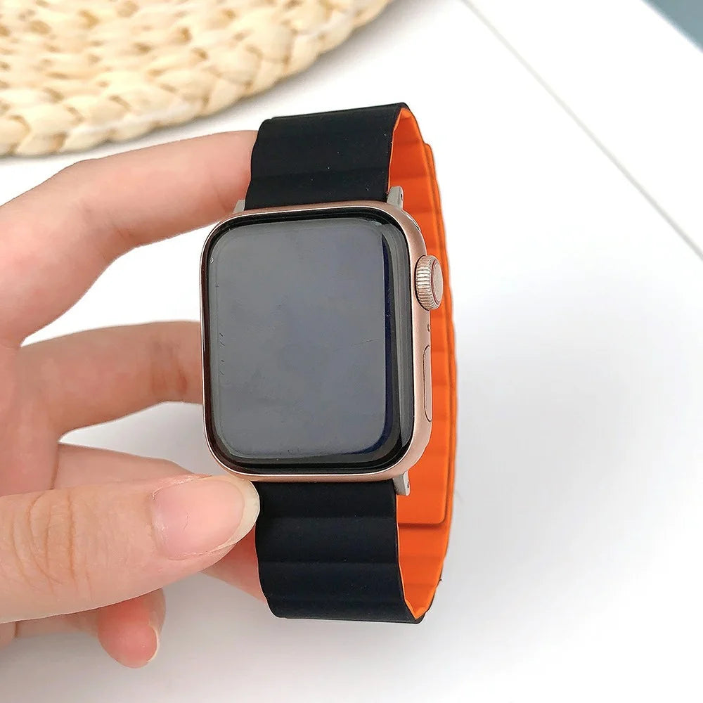KALEBOL Magnetic Watch Band for Apple Watch Ultra 3 2 1 49mm / Series 11 10 46mm / 9 8 7 45mm / SE3 SE2 SE 6 5 4 44mm / 3 2 1 42mm Silicone Strap - Black Orange - 3