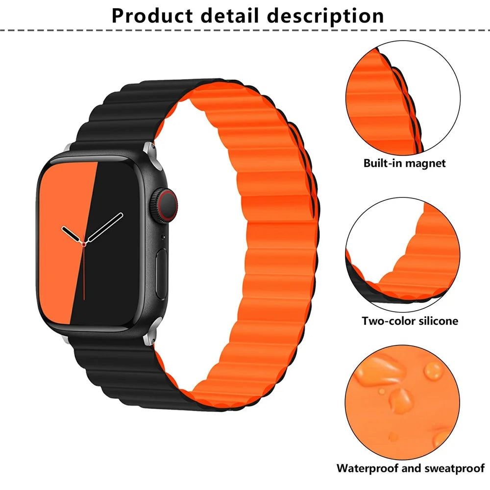 KALEBOL Magnetic Watch Band for Apple Watch Ultra 3 2 1 49mm / Series 11 10 46mm / 9 8 7 45mm / SE3 SE2 SE 6 5 4 44mm / 3 2 1 42mm Silicone Strap - Black Orange - 4