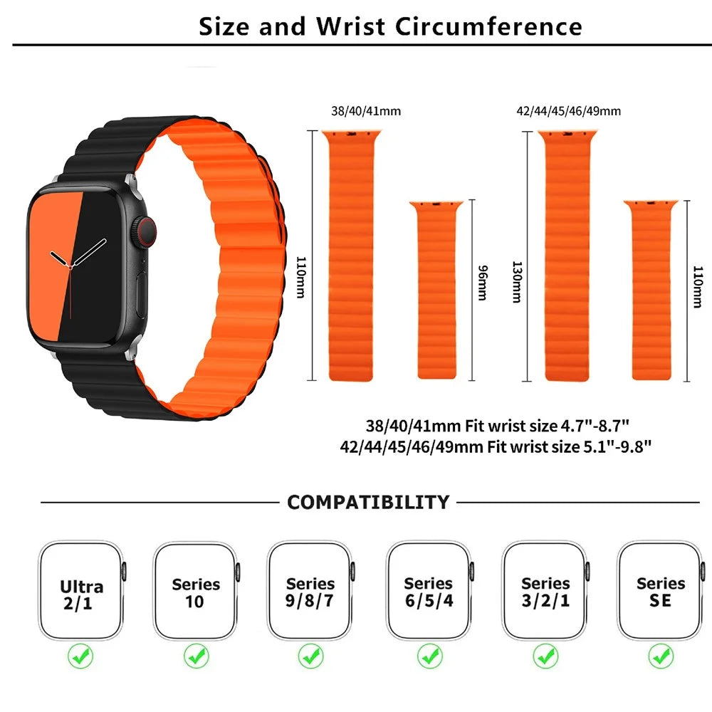 KALEBOL Magnetic Watch Band for Apple Watch Ultra 3 2 1 49mm / Series 11 10 46mm / 9 8 7 45mm / SE3 SE2 SE 6 5 4 44mm / 3 2 1 42mm Silicone Strap - Black Orange - 5